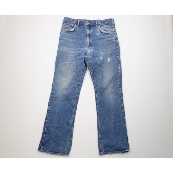 Vintage 70s Lee Mens Size 34x34 Distressed Flared Wide Leg Denim Jeans Blue USA